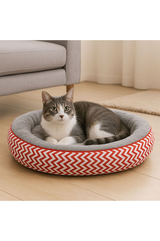 Pat oval pentru pisici, moale, lavabil, rosu cu model Chevron, L,45x26 cm