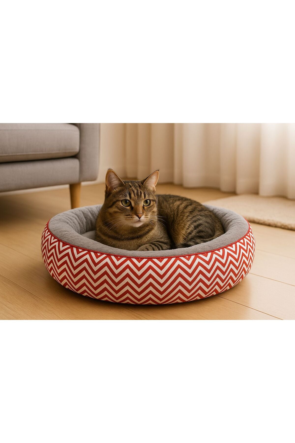 Pat oval pentru pisici, moale, lavabil, rosu cu model Chevron, L,45x26 cm