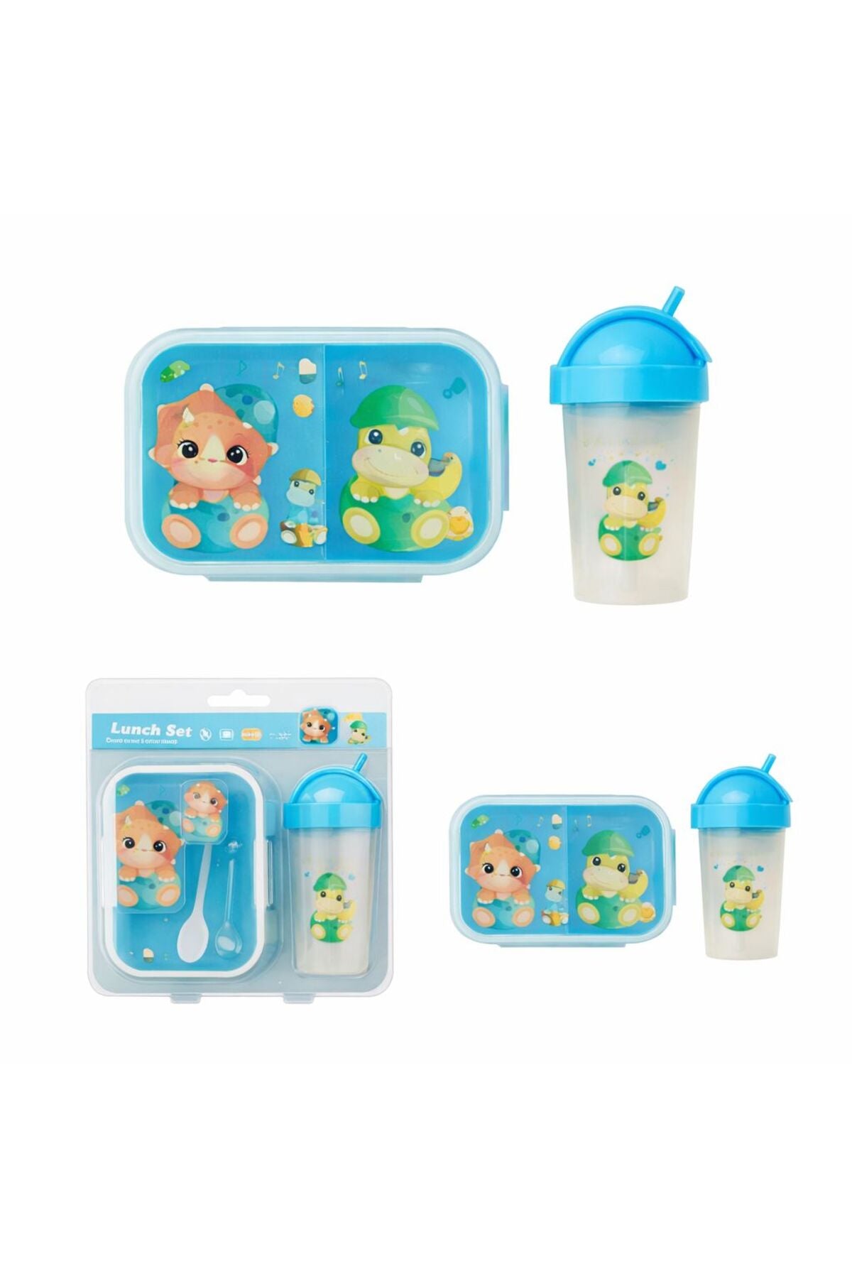 Cutie pranz Copii 18x13x5 cm, Lunch Box cu 3 Compartimente, Tacâmuri cu Sticlă 17 cm