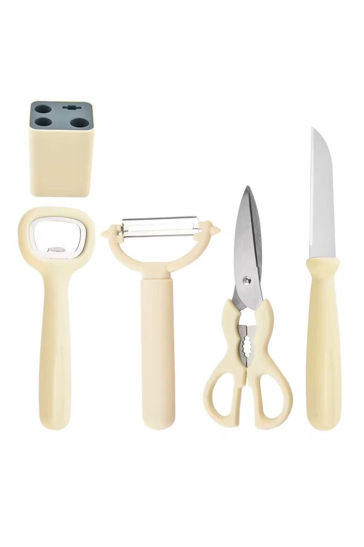 Set ustensile bucatarie 5 piese cu suport–cutit, foarfeca, decojitor, deschizator sticle