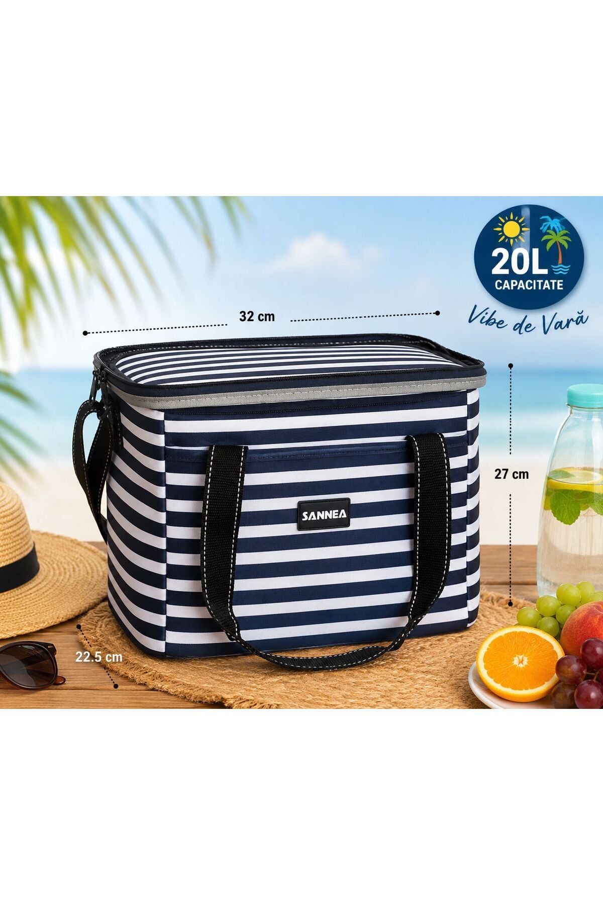 Geanta Termica 20L pentru Plaja si Picnic, Izolatie Termica, Impermeabila, 32x22.5x27 cm, Model Dungi Bleumarin