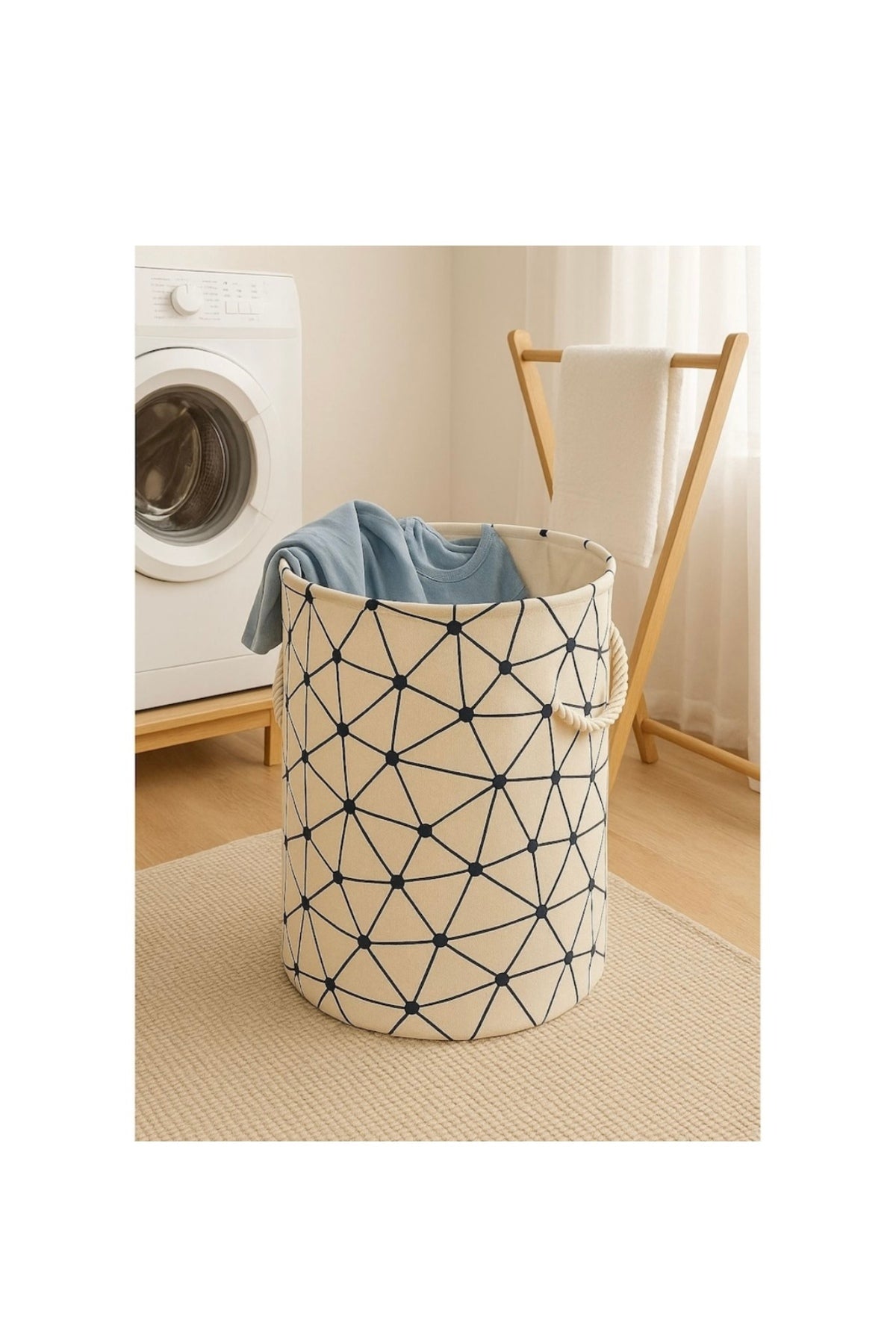 Coș de depozitare multifuncțional jucării, rufe, cu mâner textil durabil, model geometric modern