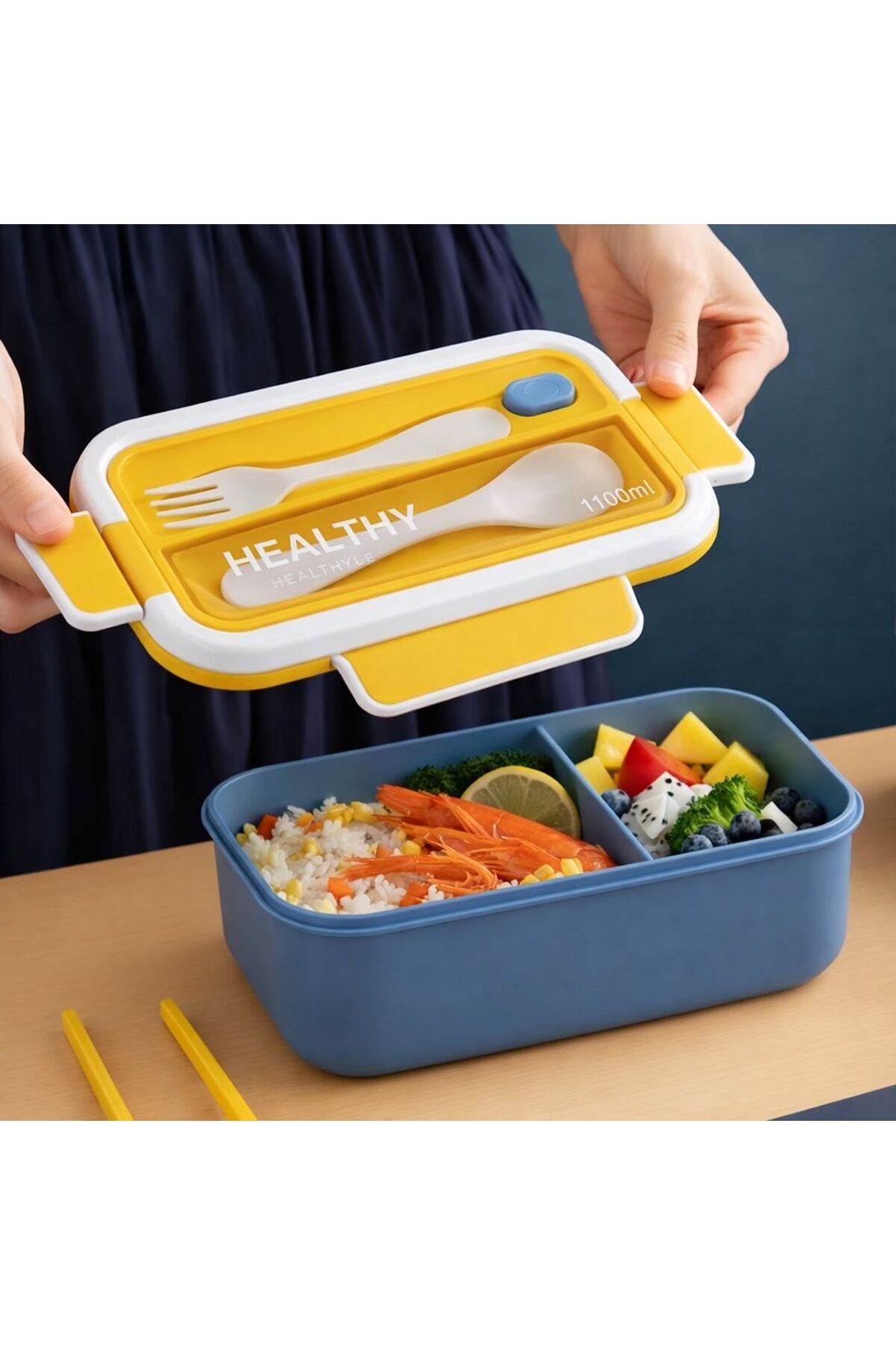Caserolă Alimentară 1100 ml cu Tacâmuri Incluse – Lunch Box pentru Birou, Școală și Călătorii