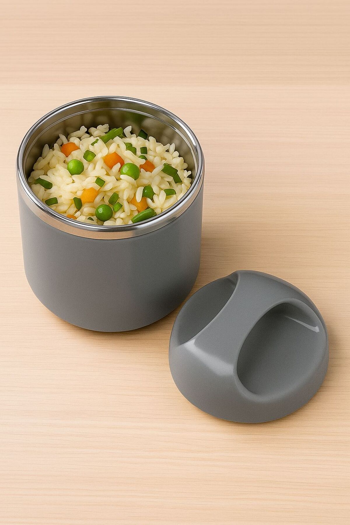 Caserola Termica Bej 630 ml cu Interior din Inox – Lunch Box Termic pentru Mancare Calda sau Rece